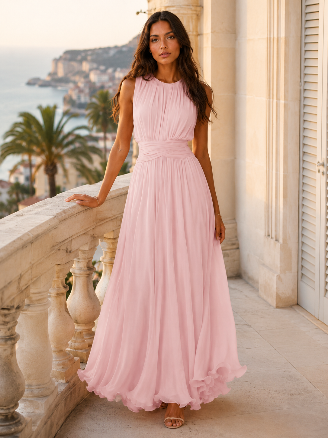 Ruched Chiffon Maxi Dress Wedding Guest