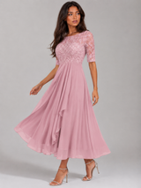 Chiffon Lace Bodice Midi Dress Wedding Guest