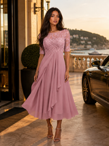 Chiffon Lace Bodice Midi Dress Wedding Guest
