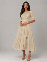 Chiffon Lace Bodice Midi Dress Wedding Guest