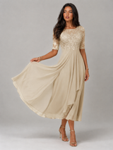 Chiffon Lace Bodice Midi Dress Wedding Guest