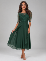 Chiffon Lace Bodice Midi Dress Wedding Guest