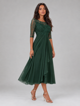 Chiffon Lace Bodice Midi Dress Wedding Guest