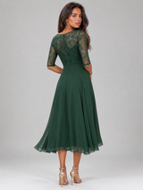 Chiffon Lace Bodice Midi Dress Wedding Guest