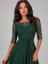 Chiffon Lace Bodice Midi Dress Wedding Guest