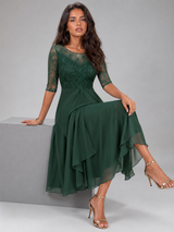 Chiffon Lace Bodice Midi Dress Wedding Guest