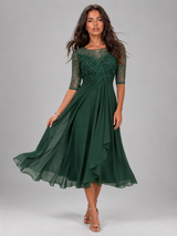 Chiffon Lace Bodice Midi Dress Wedding Guest