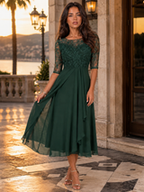 Chiffon Lace Bodice Midi Dress Wedding Guest