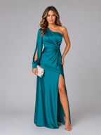 Satin Feel One Shoulder Draped Maxi Dress Evening Women