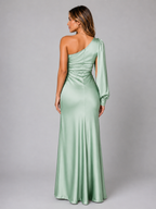 Satin Feel One Shoulder Draped Maxi Dress Evening Women