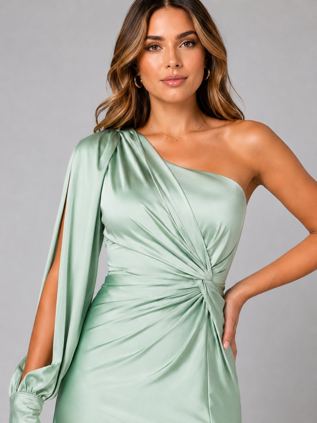 Satin Feel One Shoulder Draped Maxi Dress Evening Women