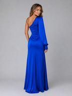 Satin Feel One Shoulder Draped Maxi Dress Evening Women