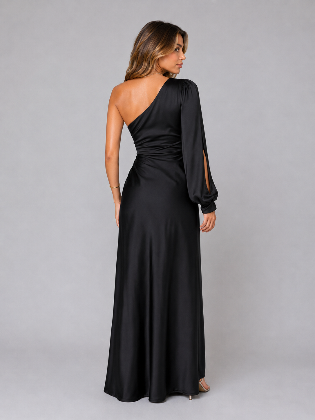 Satin Feel One Shoulder Draped Maxi Dress Evening Women