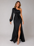 Satin Feel One Shoulder Draped Maxi Dress Evening Women