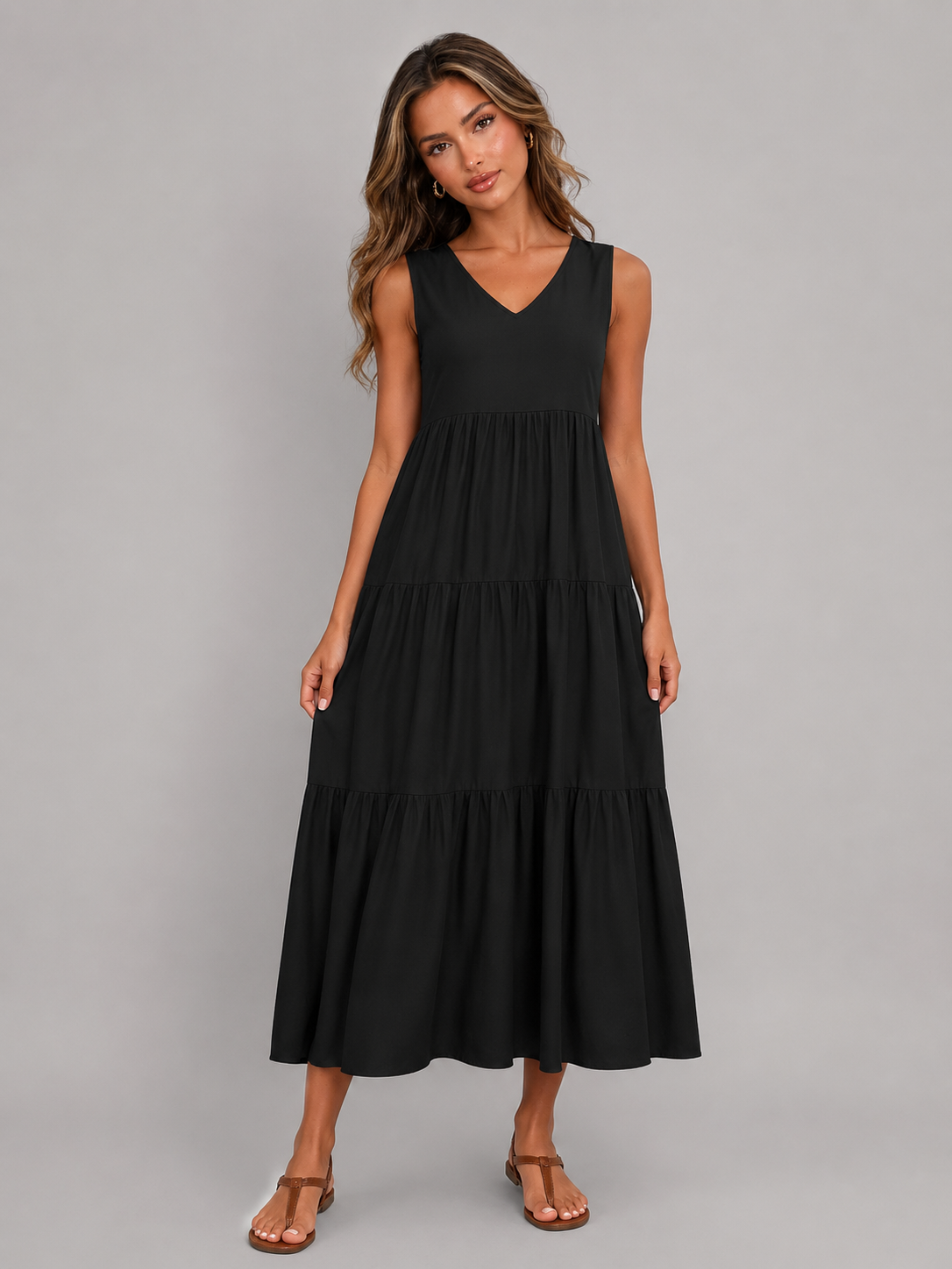 Robe maxi à volants et col en V pour femme été