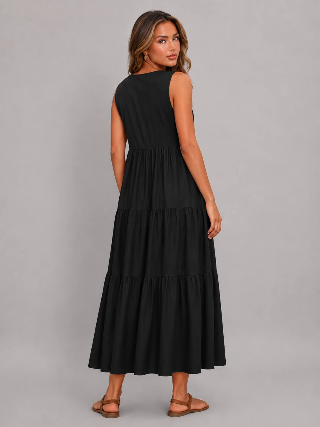 Robe maxi à volants et col en V pour femme été