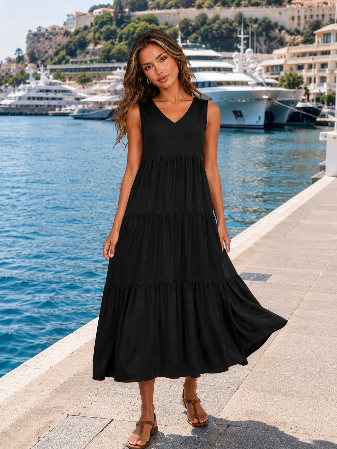 Robe maxi à volants et col en V pour femme été