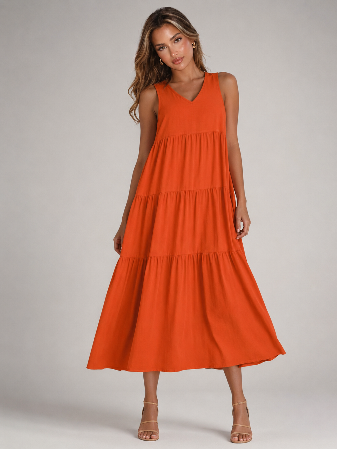 Robe maxi à volants et col en V pour femme été