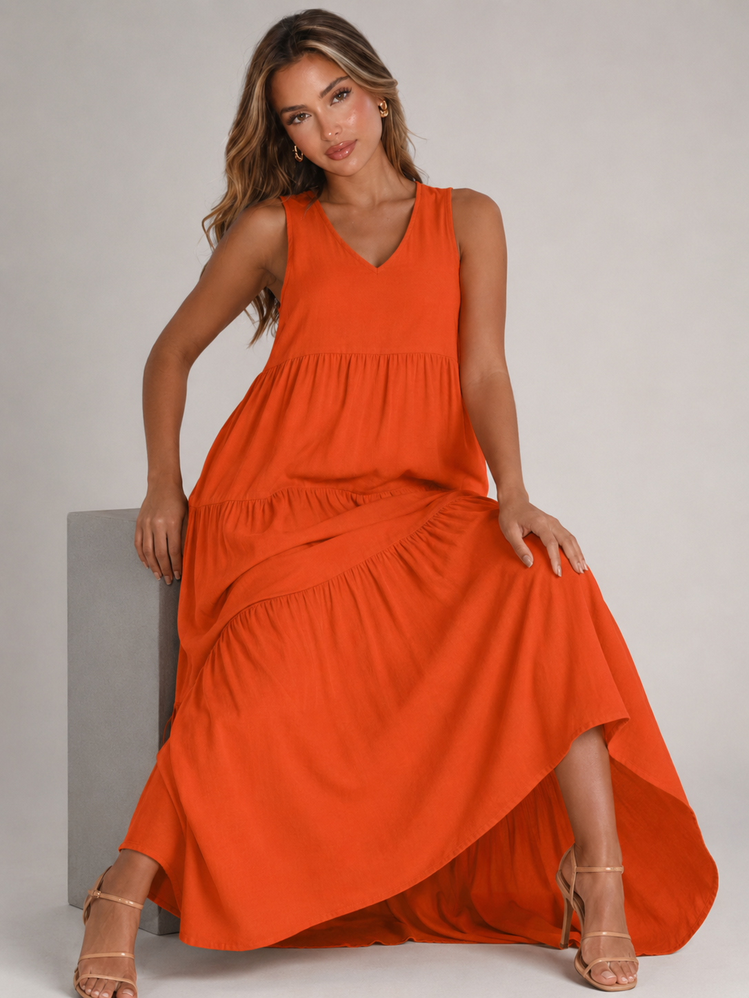 Robe maxi à volants et col en V pour femme été