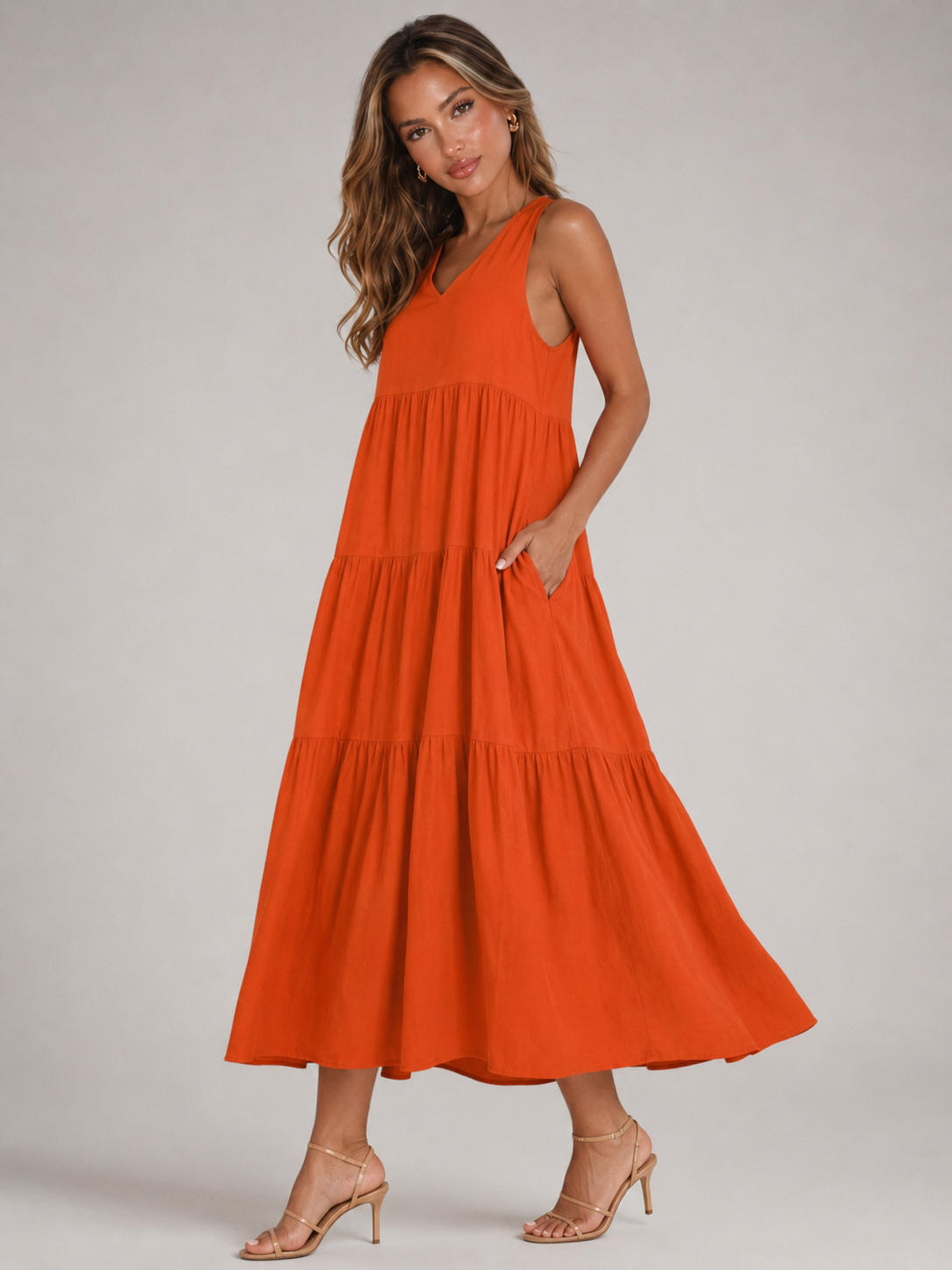 Robe maxi à volants et col en V pour femme été