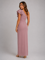 One Shoulder Ruffle Slit Maxi Dress Evening Women