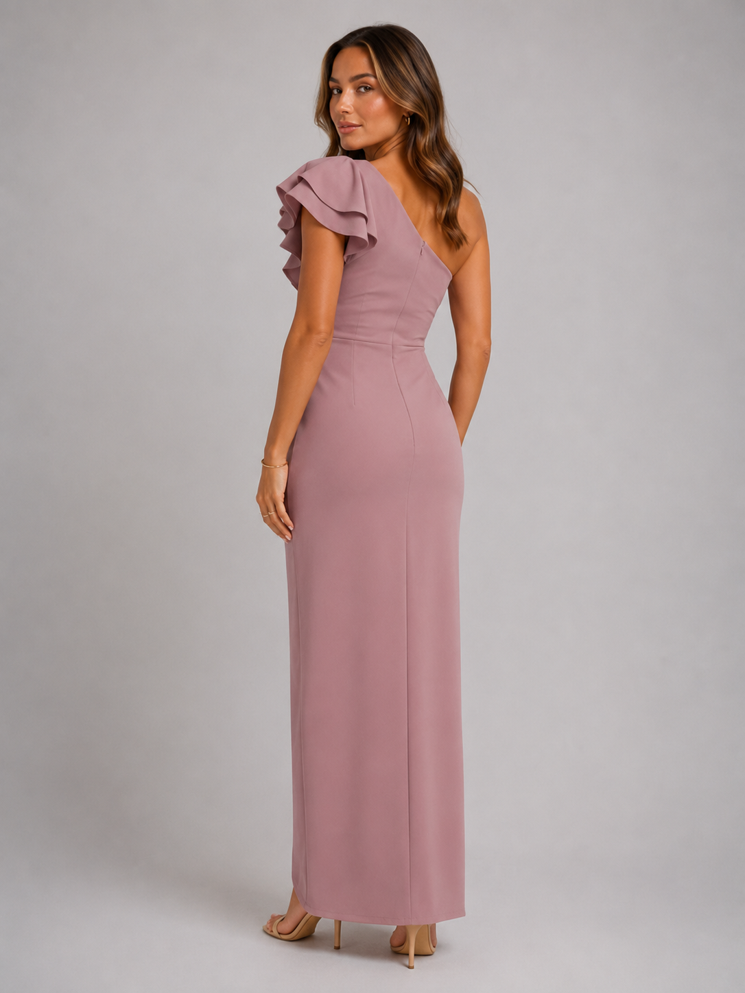 One Shoulder Ruffle Slit Maxi Dress Evening Women