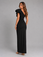 One Shoulder Ruffle Slit Maxi Dress Evening Women
