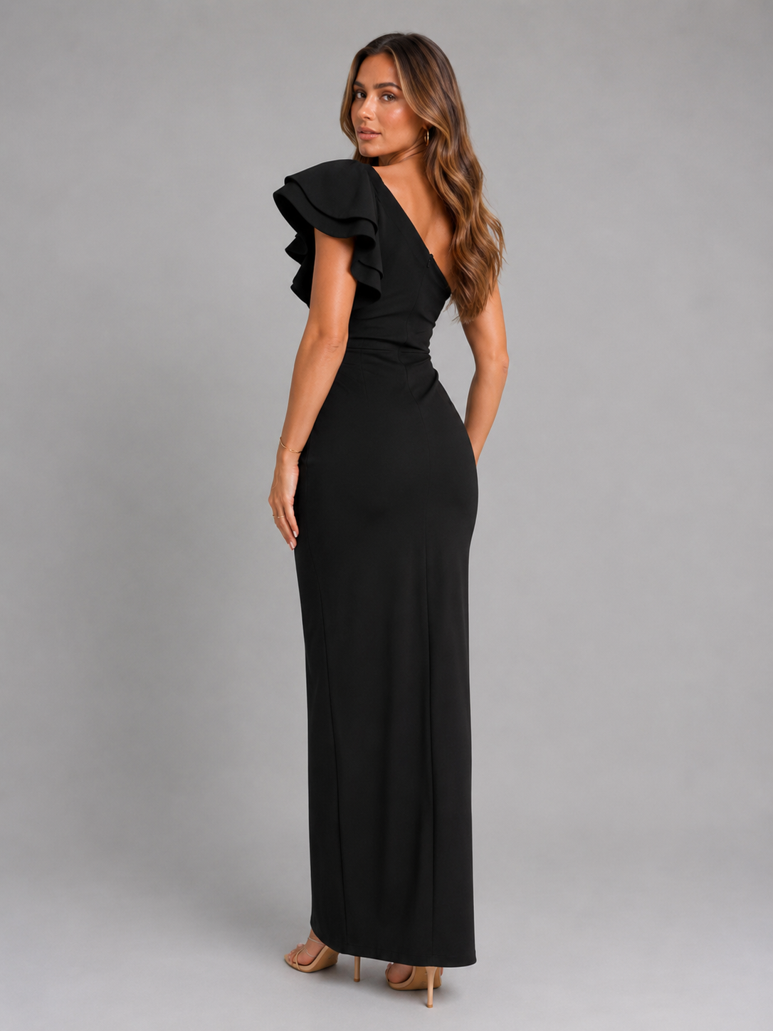 One Shoulder Ruffle Slit Maxi Dress Evening Women