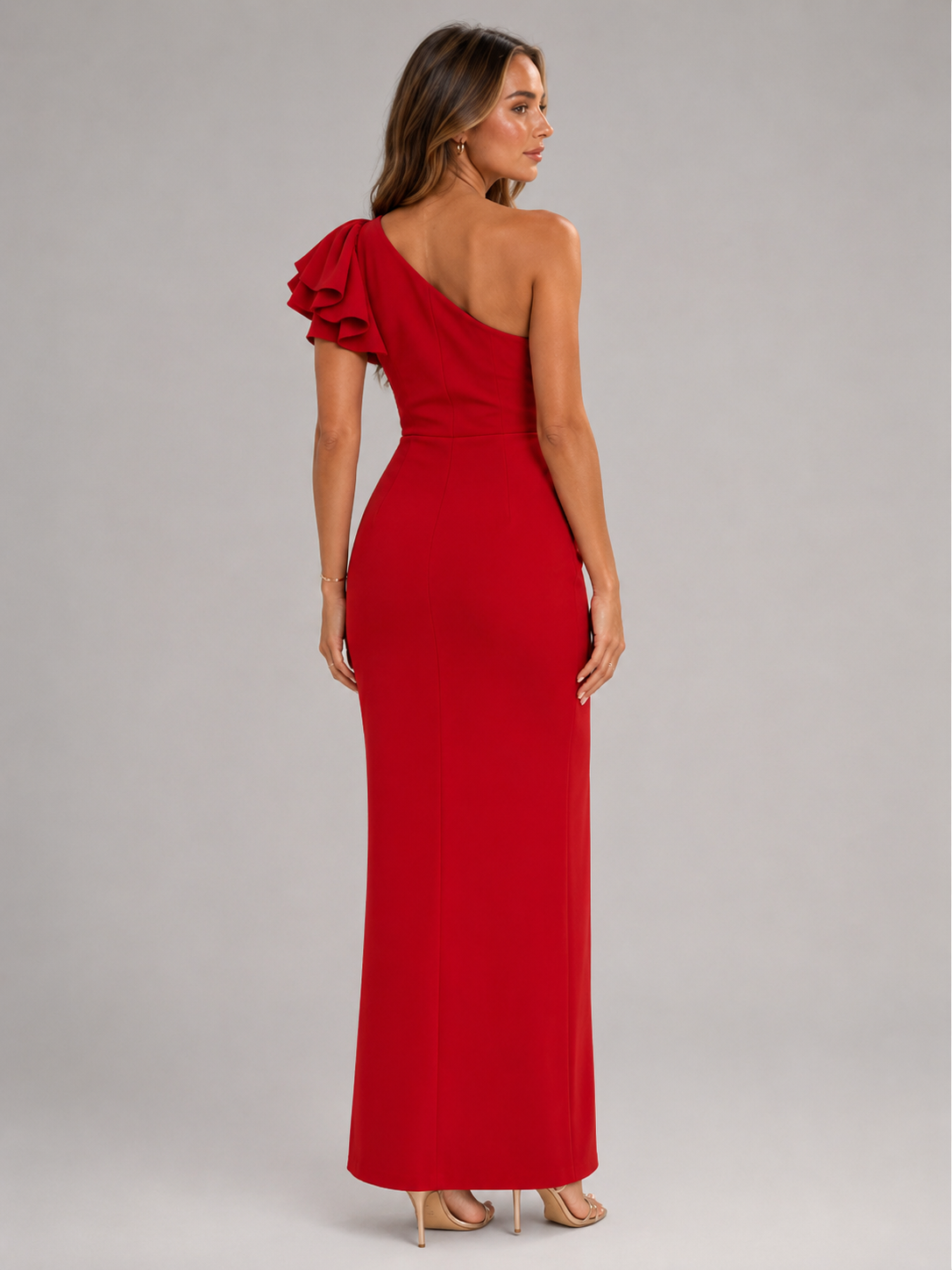 One Shoulder Ruffle Slit Maxi Dress Evening Women