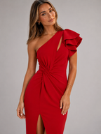 One Shoulder Ruffle Slit Maxi Dress Evening Women
