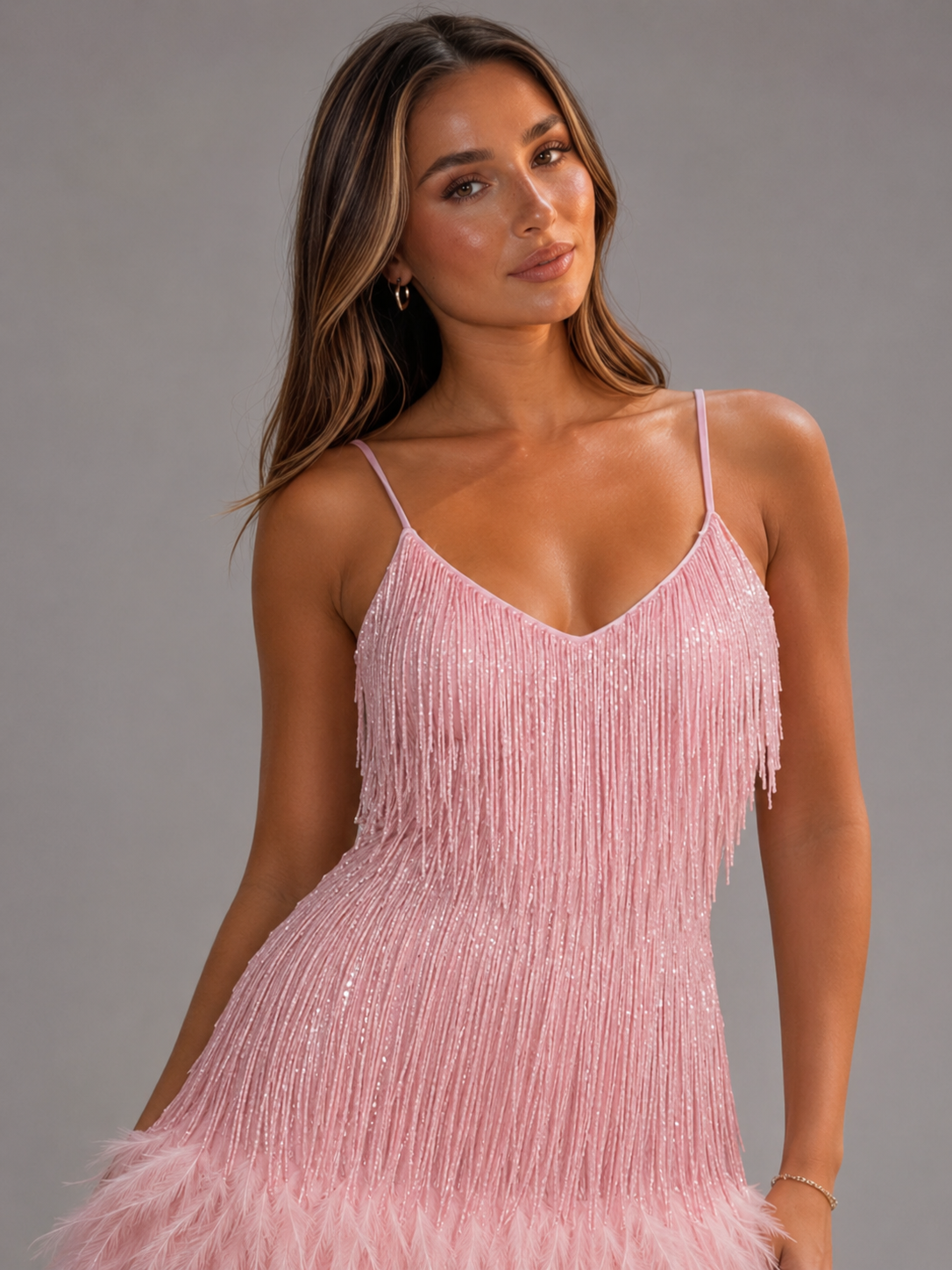 Sequin Fringe Feather Trim Mini Dress Cocktail Women