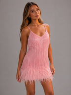 Sequin Fringe Feather Trim Mini Dress Cocktail Women