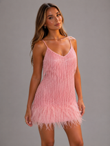 Robe mini à franges pailletées et bordure en plumes pour cocktail femme