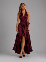 Vestido maxi satinado halter con volantes para mujer de noche