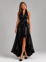 Vestido maxi satinado halter con volantes para mujer de noche