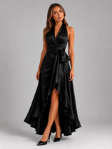 Vestido maxi satinado halter con volantes para mujer de noche