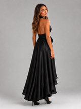 Vestido maxi satinado halter con volantes para mujer de noche