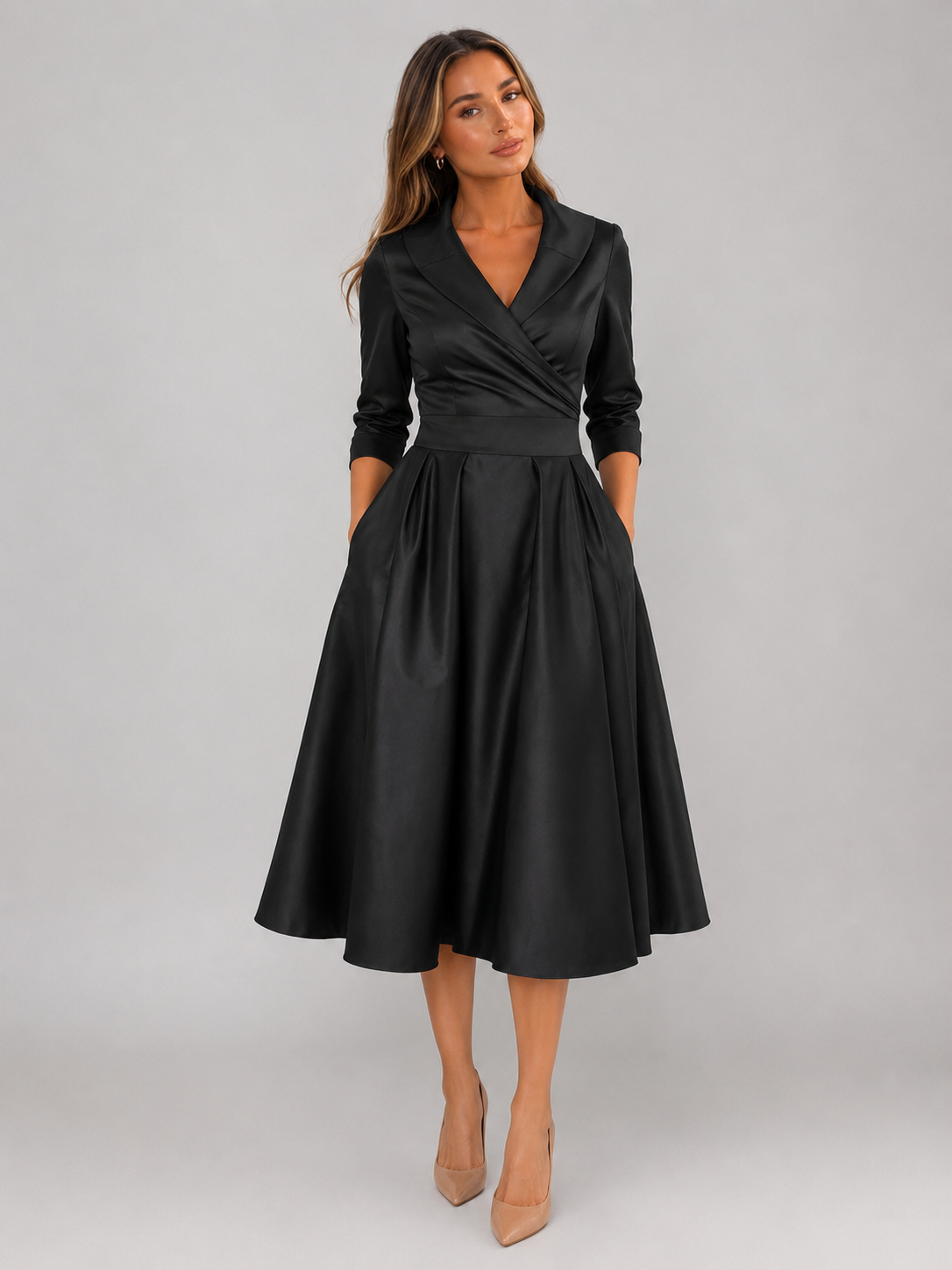 Satin Feel Wrap Midi Dress Wedding Guest