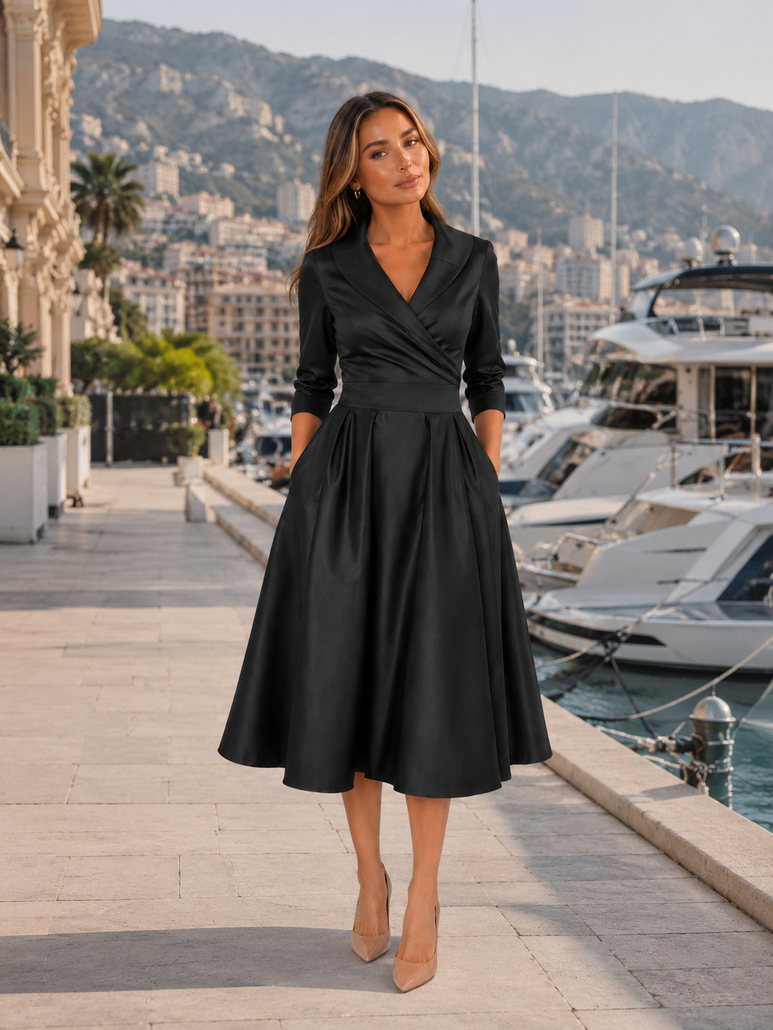 Satin Feel Wrap Midi Dress Wedding Guest