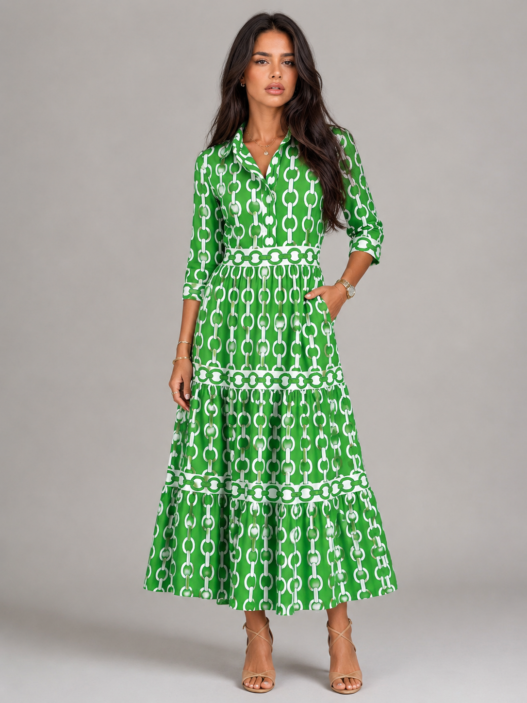 Robe midi imprimé chaîne pour femme été