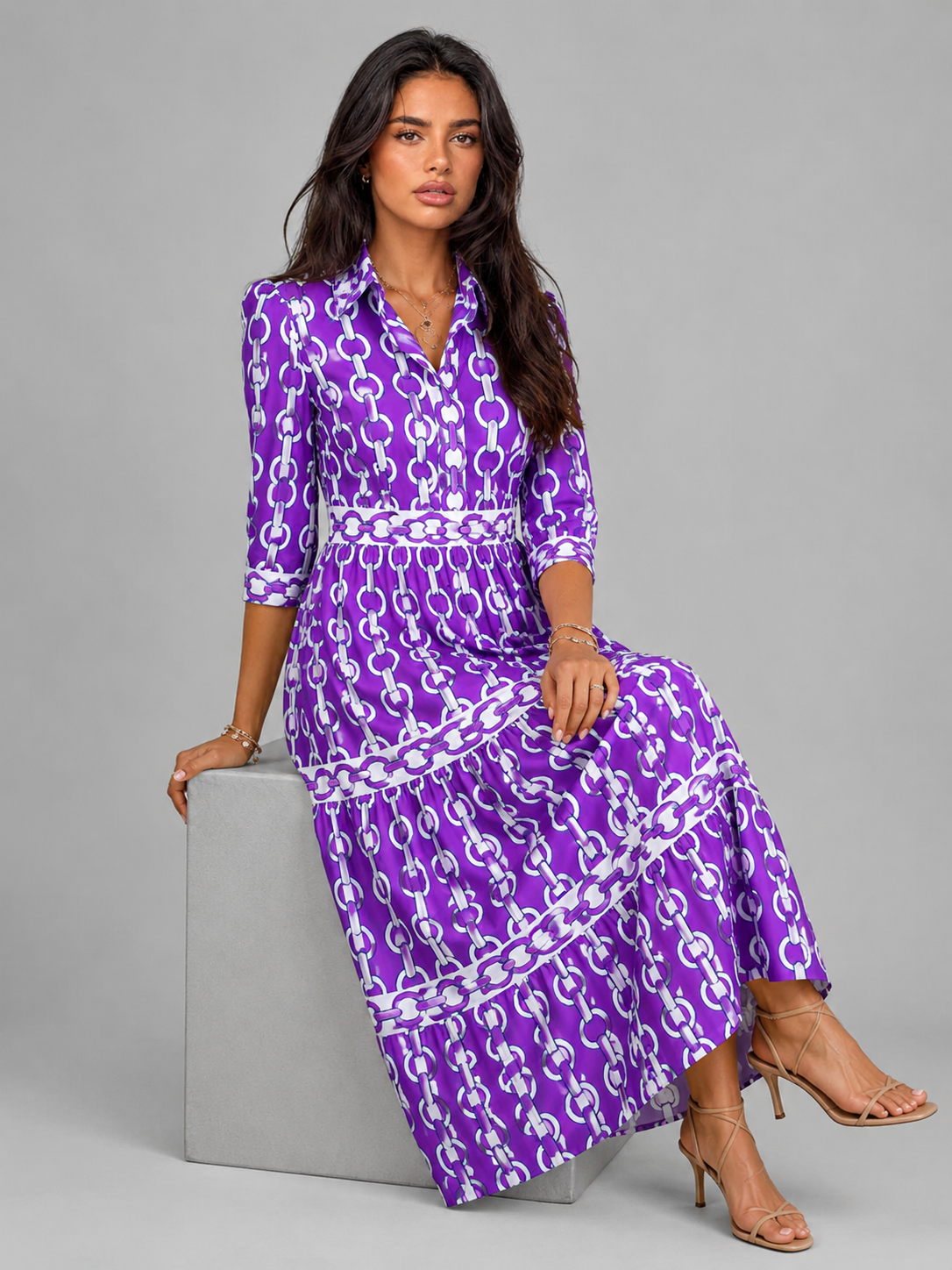 Robe midi imprimé chaîne pour femme été