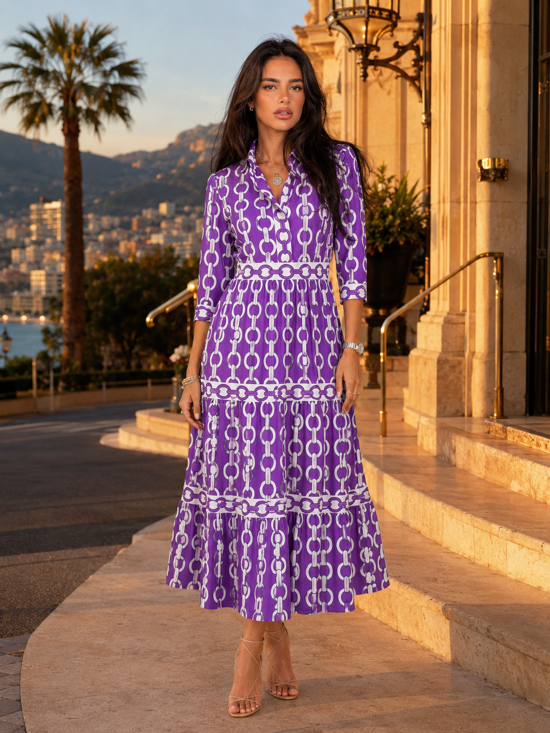Robe midi imprimé chaîne pour femme été