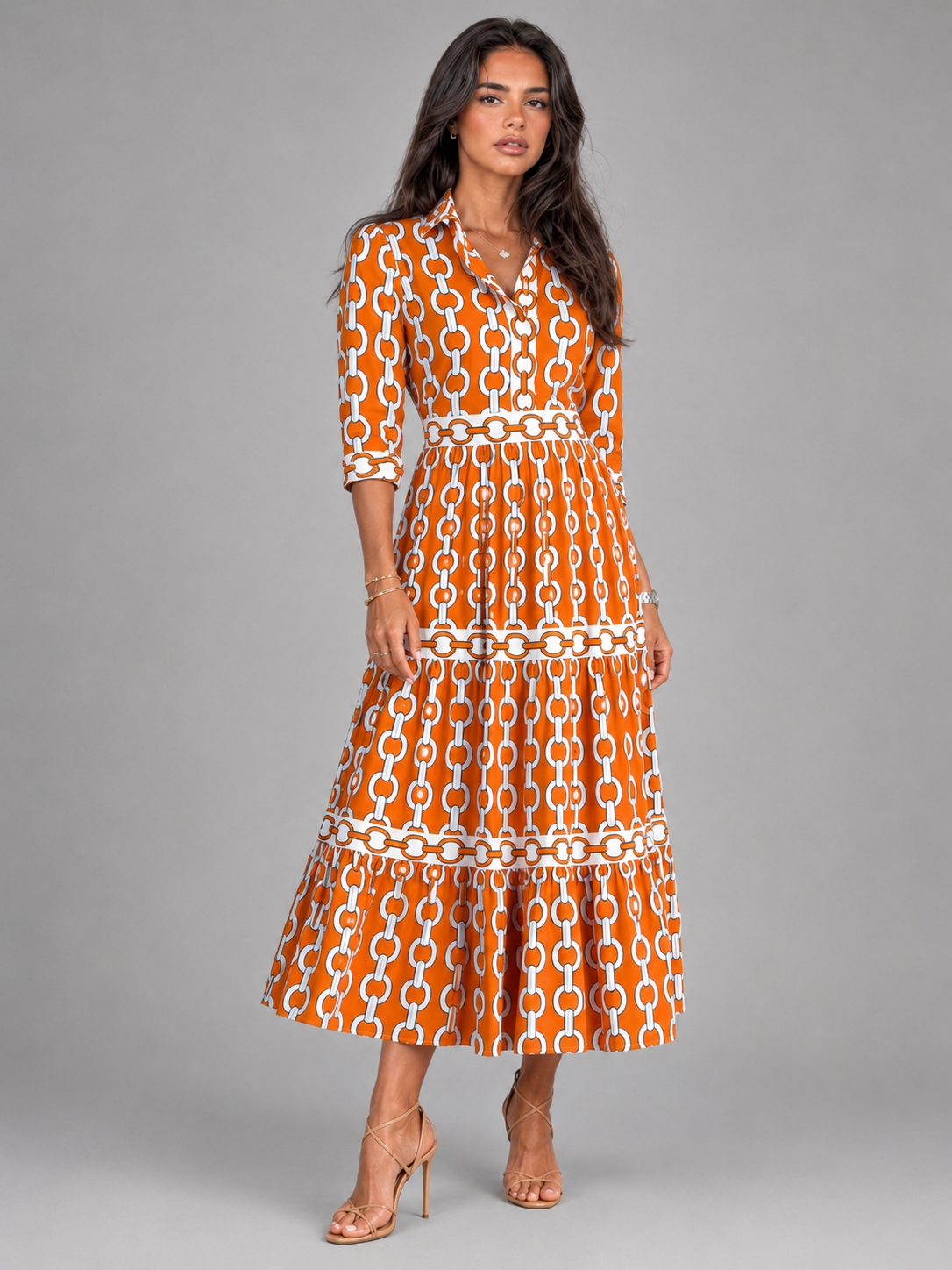 Robe midi imprimé chaîne pour femme été