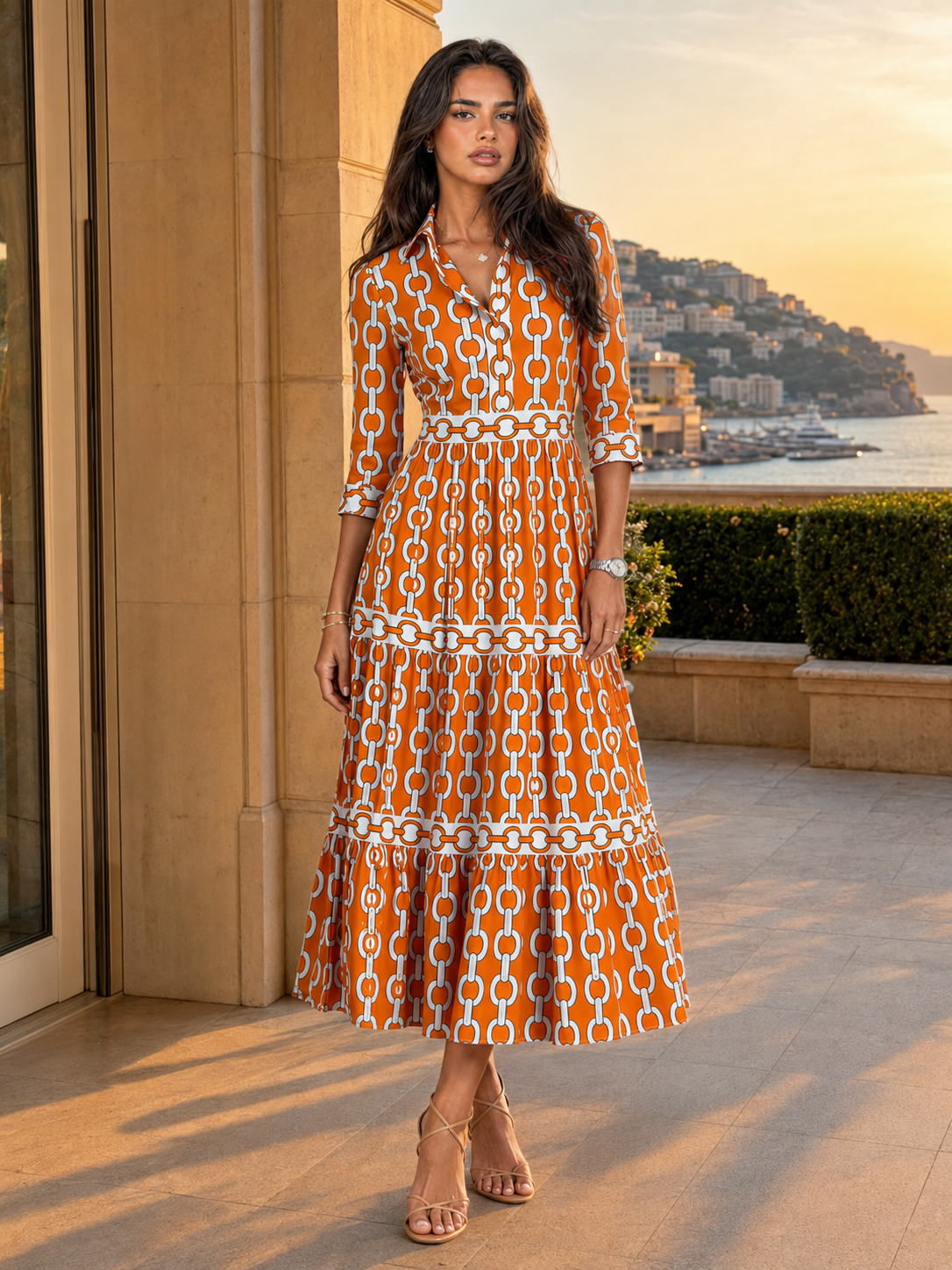 Robe midi imprimé chaîne pour femme été