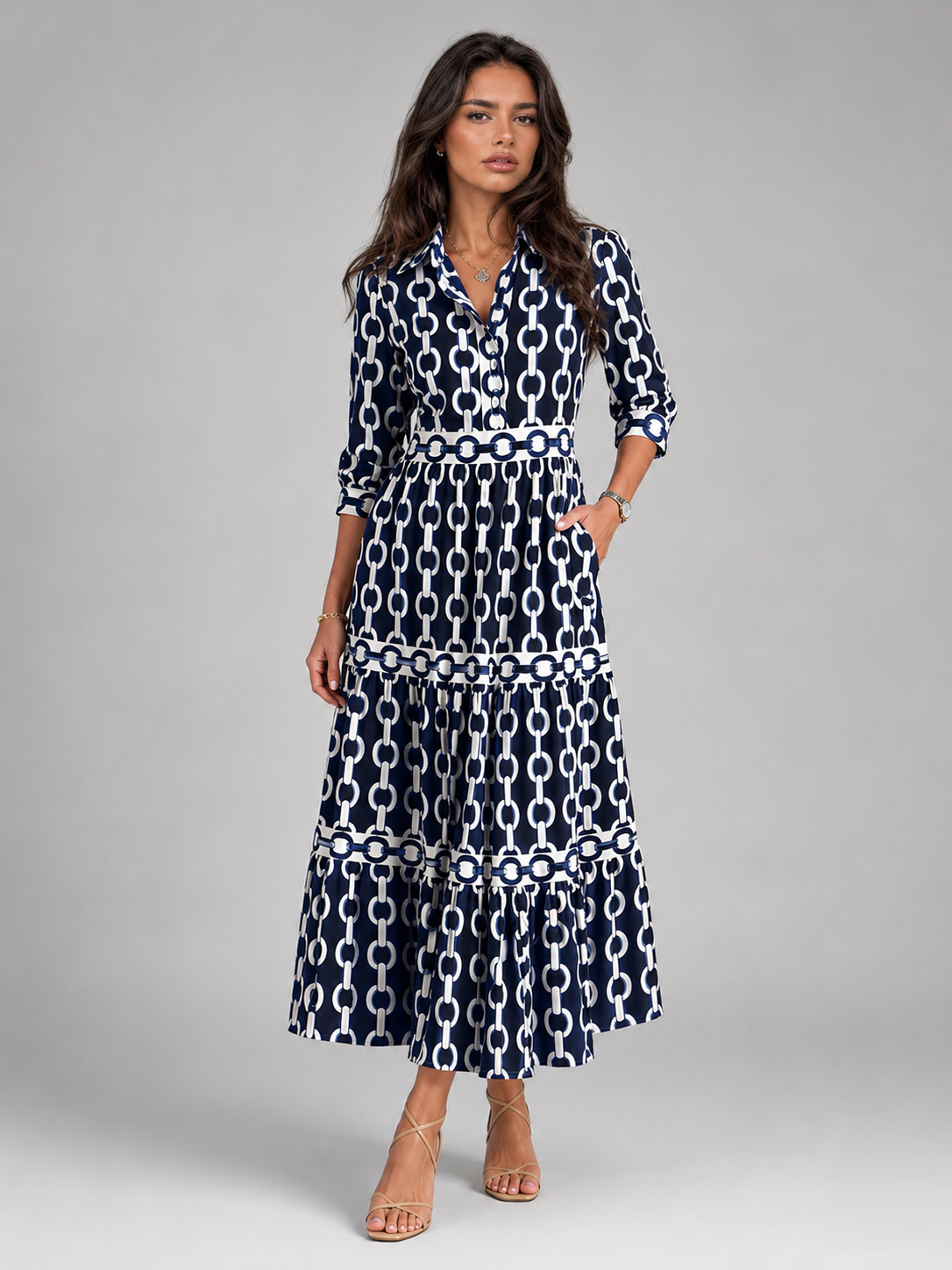 Robe midi imprimé chaîne pour femme été