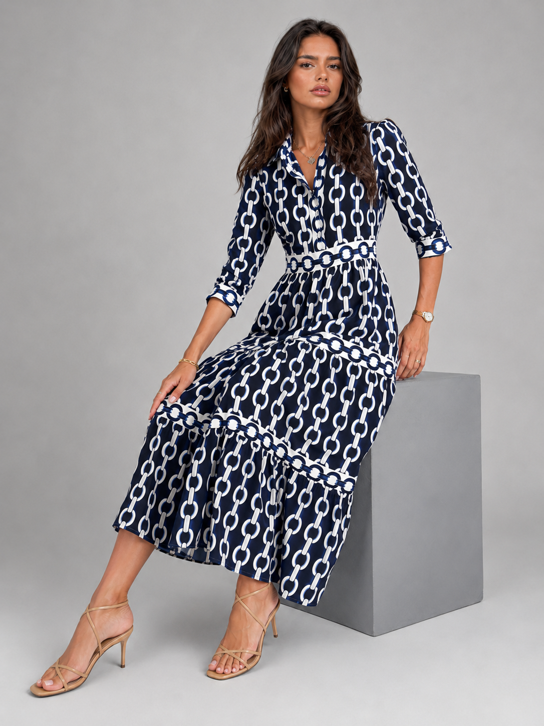 Robe midi imprimé chaîne pour femme été