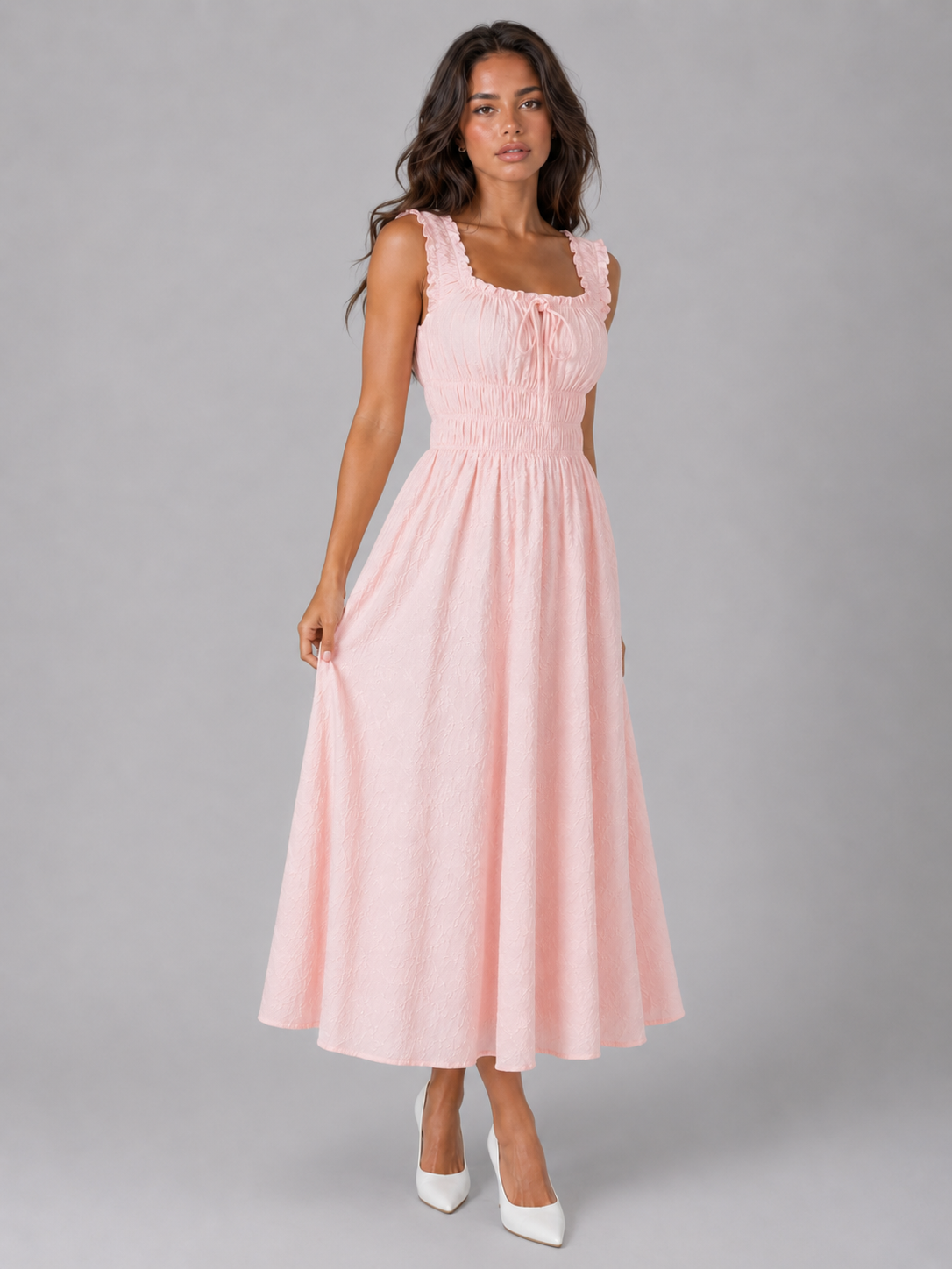 Vestido midi floral con textura y cintura fruncida para mujer verano