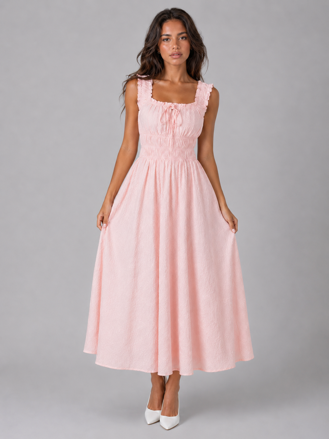 Vestido midi floral con textura y cintura fruncida para mujer verano