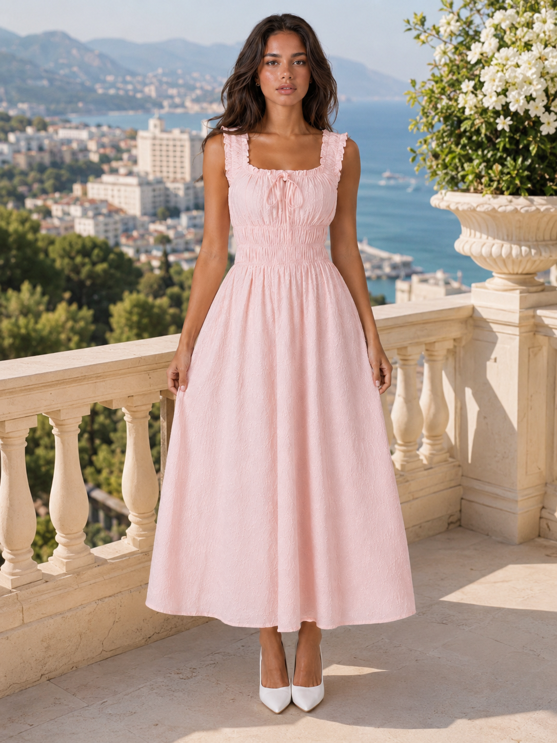 Vestido midi floral con textura y cintura fruncida para mujer verano