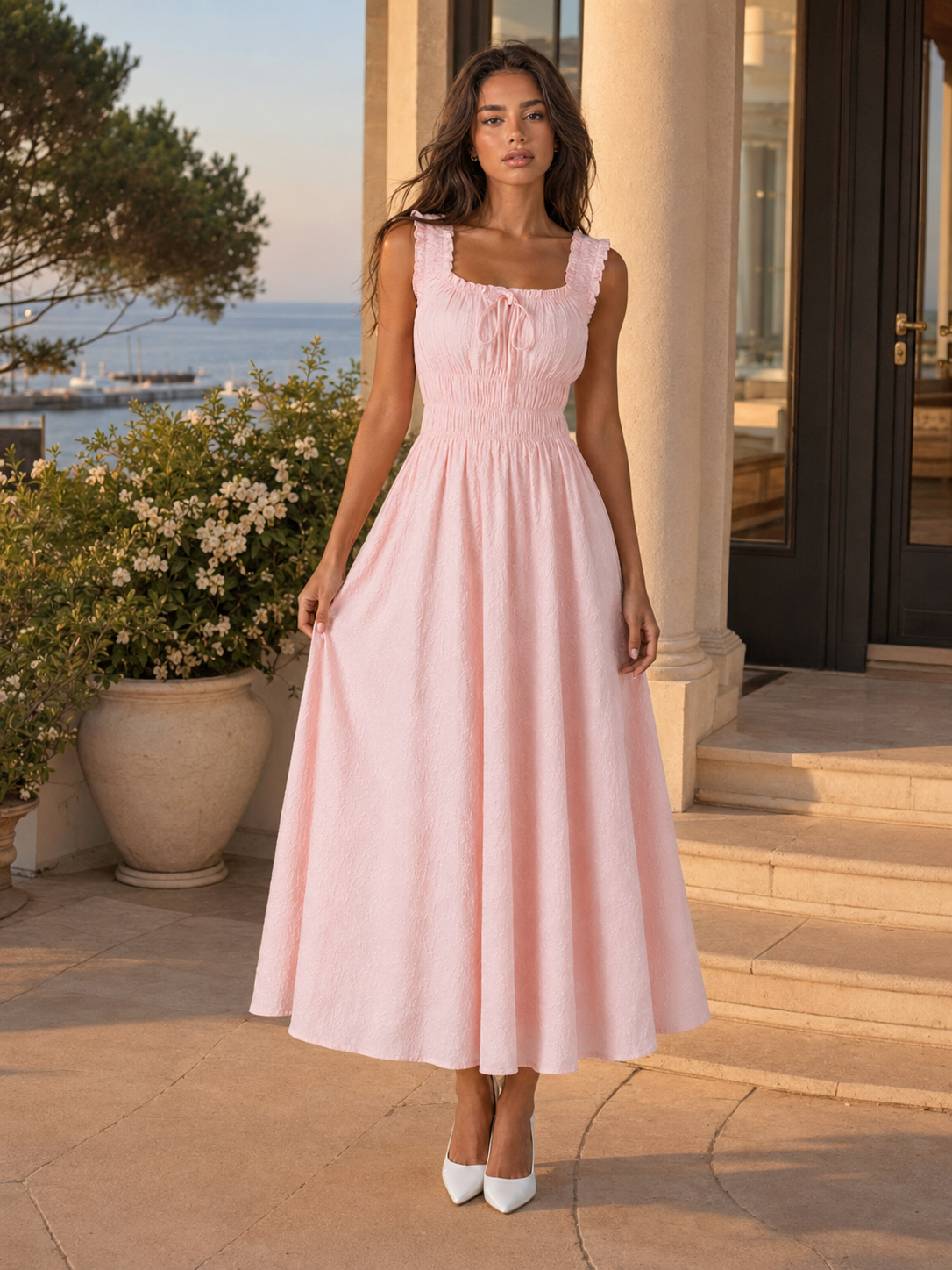 Vestido midi floral con textura y cintura fruncida para mujer verano